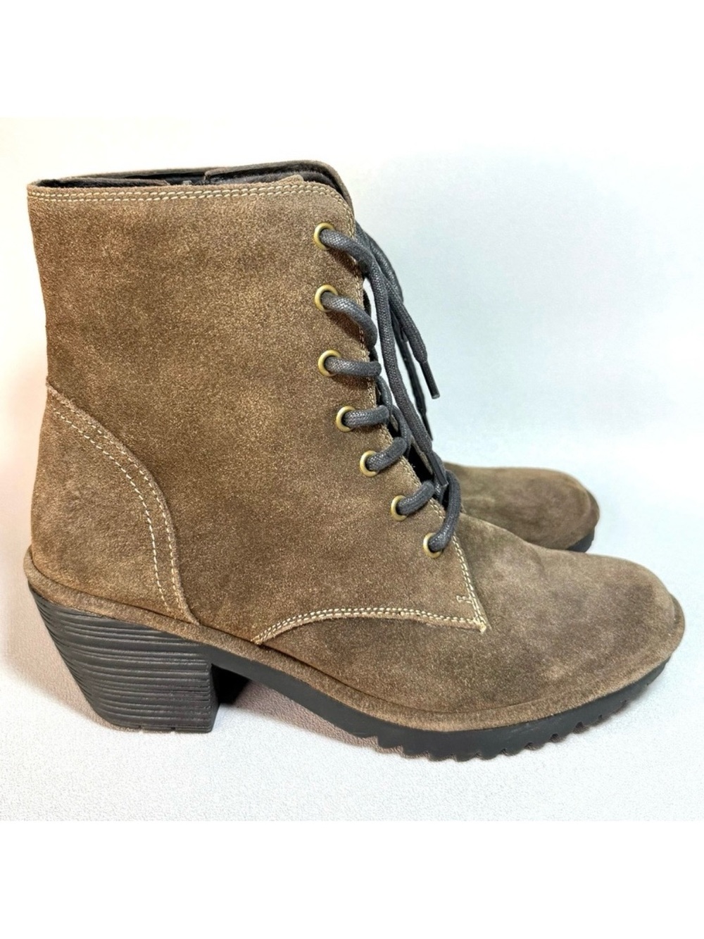 Fly London Olive Brown Suede Leather Lace-Up Combat Ankle Boots